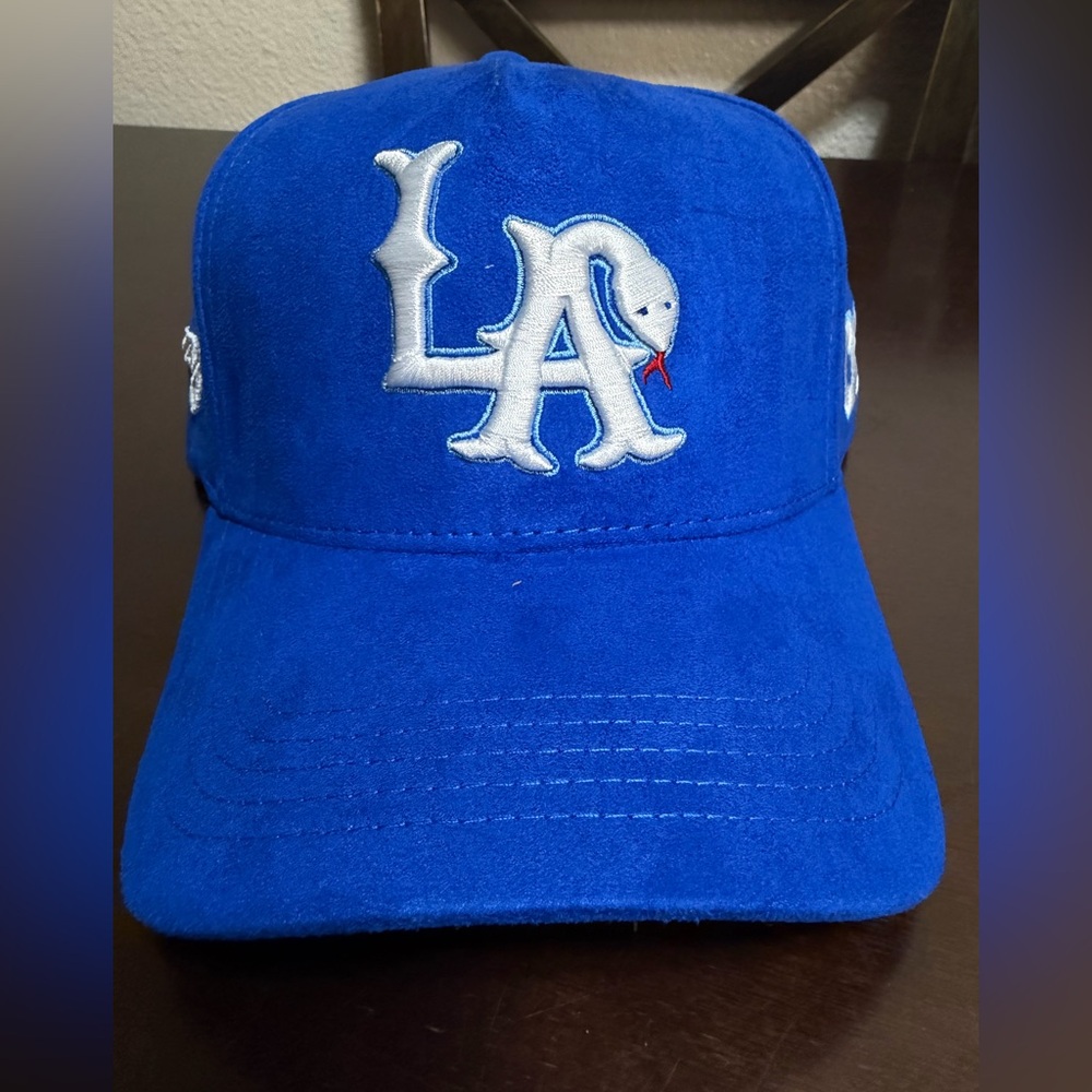 Custom LA Snapback Hat Blue Suede Streetwear Easy LA